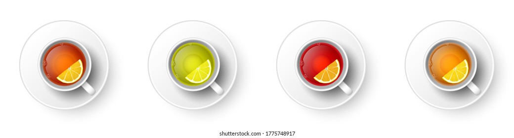 Realistic 3d cup of hot aromatic tea set. A teacup with green, black, herbal rooibos red tea with lemon, saucer top view isolated on white. Vector illustration for web, menu, app, design.