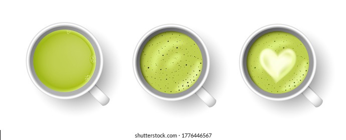 Realistic 3d cup of hot aromatic green Japanese tea matcha latte drink set. A teacup top view isolated on white background. Vector illustration for web design, menu, app, advert.