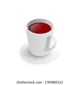Realistic 3d cup of hot aromatic freshly brewed drink black tea. A teacup isometric view isolated on white background. Vector illustration for web, design, menu, app.