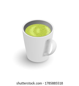 Taza 3d realista de bebida helada caliente aromática verde de té japonés matcha. Vista isométrica de la taza de té aislada sobre fondo blanco. Ilustración vectorial para web, diseño, menú, aplicación.
