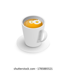 Taza 3d realista de té caliente aromático aromático y chamíl. Vista isométrica del té con flores de camomila aisladas en fondo blanco. Ilustración vectorial para web, diseño, menú, aplicación.