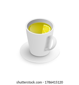 Realistic 3d cup of hot aromatic freshly brewed drink green tea with lemon. A teacup isometric view isolated on white background. Vector illustration for web, design, menu, app.