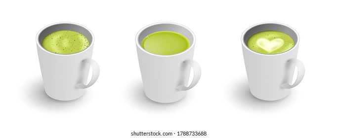 Realistic 3d cup of hot aromatic green Japanese tea matcha latte drink set. A teacup isometric view isolated on white background. Vector illustration for web design, menu, app, advert.