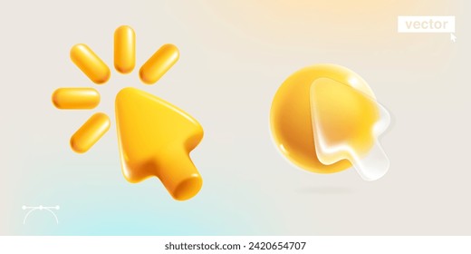 Realistischer 3D-Cursor, geladen Icon und Sphären im Glassmorphismus Stil. Transparente Pfeilvorlage aus Kunststoff. UI-Set mit Glas-Overlay-Effekt. Vektorgrafik im Cartoon-Stil in Pastelltönen.