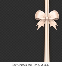 Realistic 3d cute beige bow with vertical silk ribbon isolated on transparent background. Three dimensional satin bow with tapes as gift wrapping element, present decoration or frame for greeting card