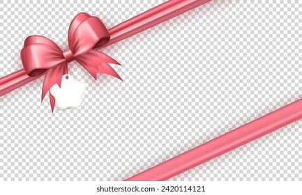 Realista 3d lindo arco rosado en la esquina con cinta diagonalmente de seda en fondo transparente. Arco satinado tridimensional con cintas como marco para la tarjeta de bienvenida o paquete de caja de regalo, envoltura presente