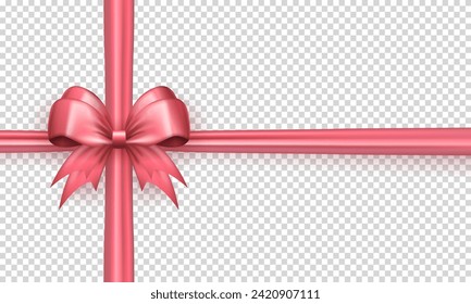 Realistic 3d cute pink bow with horizontal and vertical silk ribbon isolated on transparent background. Three dimensional satin bow with crossed tapes as gift wrapping element or present decoration