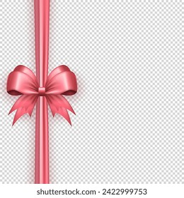 Realistic 3d cute pink bow with vertical silk ribbon isolated on transparent background. Three dimensional satin bow with tapes as gift wrapping element, present decoration or frame for greeting card