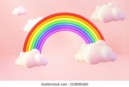 realistic 3d cute rainbow on pink background with 3d pastel cloud