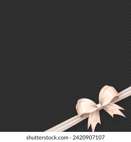 Realistic 3d cute white bow on the corner with diagonally silk ribbon on transparent background. Three dimensional satin bow with tapes as frame for greeting card or gift box package, present wrapping