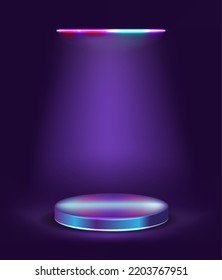 Realistic 3d cylinder pedestal podium in Sci-fi dark blue abstract room with illuminate horizontal neon lamp.