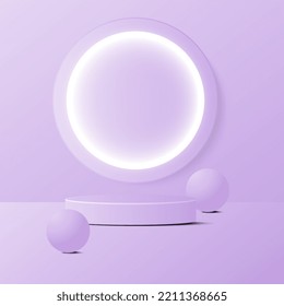 Podio peatonal del cilindro 3d realista con fondo de luz de neón circular. Forma de escenario abstracta podio púrpura pastel. Muestra de escenario, presentación de producto de Mockup.