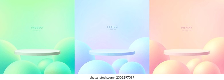 Realistisches 3D-Zylinder-Podium, das auf grünem, rosafarbenem, blauem und gelbem Kugel- oder Blasenhintergrund schwimmt. Mauer-Minimal-Szene-Mock-up-Produkte Bühnenvorführung, Kosmetische Promotion abstrakte Anzeige