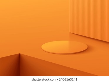 Realistic 3D cylinder pedestal podium on orange background and groove corner. Abstract minimal scene for mockup product display presentation. Vector geometric rendering forms design. Stage showcase.