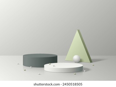 Realistischer 3D-Zylinder Produkt Podium Sockel Hintergrund mit Kugel Kugel und geometrische Hintergrund Wand Szene. Abstrakte minimale 3D-Mockup-Display-Präsentation, Bühnenvitrine. Plattformdesign für Vektorgrafiken.