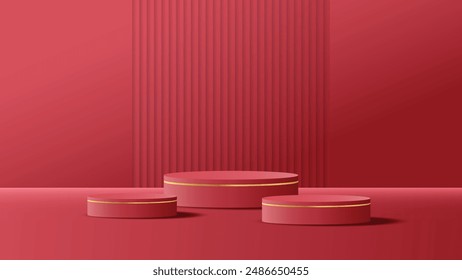 Realistic 3D cylinder stand pedestal Red Podiums,studio light and shadow minimal podiums scene with platform, stand to show cosmetic products,Stage showcase platform mockup or jewelry product display