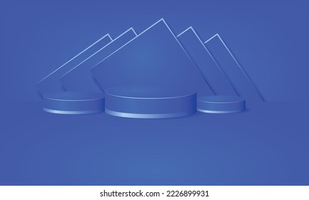 realistic 3d cylindrical pedestal podium on dark blue background, geometric platform attraction vector rendering, for product display presentation.