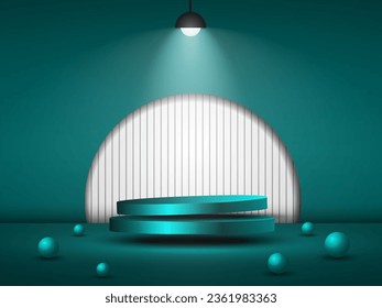 
Realistic 3d cylindrical pedestal podium in semicircle background. Geometric platform abstract vector rendering. Product display presentation. Minimal scenes.