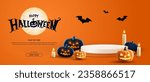 Realistic 3D cylindrical podium for halloween banner. Happy halloween minimal scene for products showcase, Promotional display.