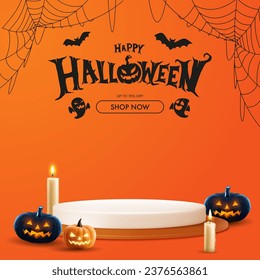 Realistic 3D cylindrical podium for halloween banner. Happy halloween minimal scene for products showcase, Promotional display.