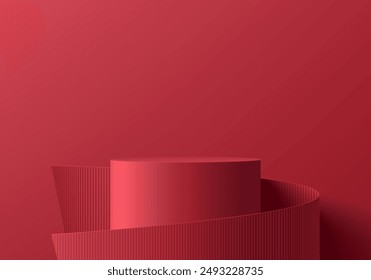 Realistic 3D cylindrical red podium background with roll wrap paper wall scene. Minimalist 3D mockup pedestal, Abstract product display presentation, Stage showcase. Platforms vector geometric design.