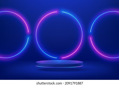 Realistic 3d dark blue cylinder pedestal podium in Sci-fi dark blue abstract room with illuminate circles shape neon lamp. Vector rendering product display presentation. Futuristic minimal scene.