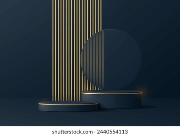 Realistic 3D dark blue cylinder podium pedestal background with luxury golden lines scene. Minimal scene mockup products stage showcase, Cosmetic banner promotion display. Abstract empty platforms.