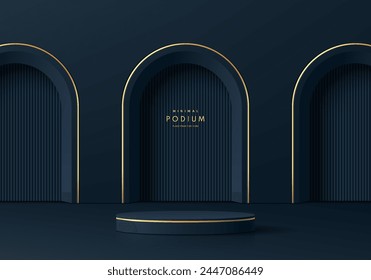 Realistic 3D dark blue cylinder podium background with 3 arch gate, luxury golden stripes lines. Minimal abstract mockup product display presentation, Stage showcase. Platforms vector geometric design