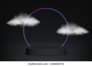 realistic 3d dark podium neon glow in stage black background. background vector 3d rendering with podium and cloud scene, cloud 3d minimal background 3d.