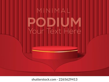 Realistic 3D dark red, gold cylinder pedestal podium with wavy shape layers background. Abstract minimal scene mockup product stage showcase, Promotion display. 