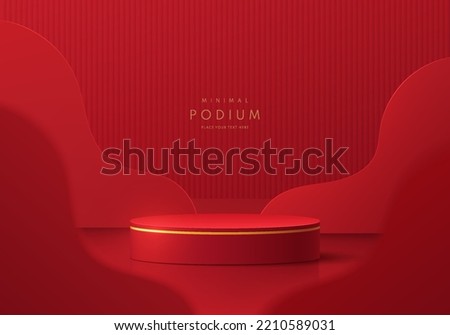 Realistic 3D dark red, gold cylinder pedestal podium with wavy shape layers background. Abstract minimal scene mockup product stage showcase, Promotion display. Happy lantern day concept. Vector EPS10