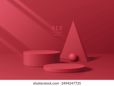 Realistic 3D dark red round podium background with triangle shape and sphere ball wall scene. Minimalist mockup pedestal, Abstract product display presentation, Stage showcase. Platforms vector design