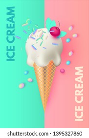 Realistic 3D Delicious Ice Cream in Trendy Colors. Gelato. Sweets Design.