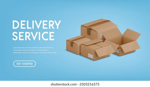 Realistic 3d delivery service banner template. Vector cartoon 3d boxes pile and text on blue background. Stack of opened and closed cardboard parcels illustration. Warehouse, transportation concept.