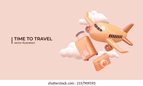 Realistic 3d design airplane, luggage and photo camera in a cloudy sky. Travel by plane creative concept in cartoon minimal style. Vector illustration
