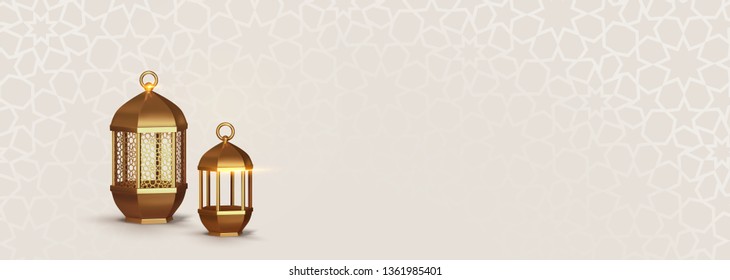 Realistic 3d Design arabian gold vintage lantern. horizontal banner, blank poster template, website header