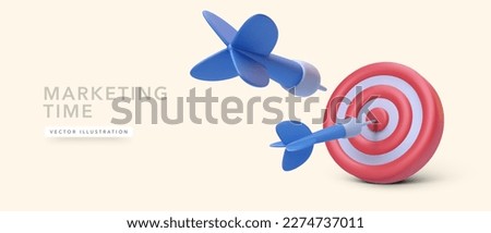 Realistic 3d design red target and blue arrows isolated on light background. Vector illustration