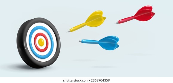 Realistic 3d design target and arrows flying at the target. Banner. Vector illustration. Business vision, big target with people, teamwork, success goal, target achievement.