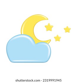 Realistic 3d design of weather forecast elements, icon symbol, meteorology. Decorative cute 3d golden Moon, star and blue cloud. Cartoon vector illustration isolated on a white background