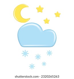 Realistic 3d design of weather forecast elements, icon symbol, meteorology. Decorative 3d golden Moon, star and blue cloud, snow. Cartoon vector illustration isolated on a white background