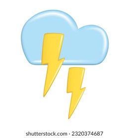 Realistic 3d design of weather forecast elements, icon symbol, meteorology. Decorative 3d golden lightning and blue cloud. Cartoon vector illustration isolated on a white background
