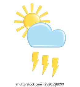 Realistic 3d design of weather forecast elements, icon symbol, meteorology. Decorative 3d golden Sun, lightning and blue cloud. Cartoon vector illustration isolated on a white background