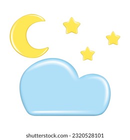 Realistic 3d design of weather forecast elements, icon symbol, meteorology. Decorative 3d golden Moon, star and blue cloud. Vector illustration isolated on a white background