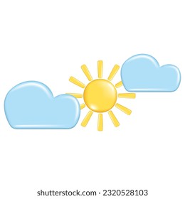 Realistic 3d design of weather forecast elements, icon symbol, meteorology. Decorative 3d golden Sun and blue cloud. Vector illustration isolated on a white background