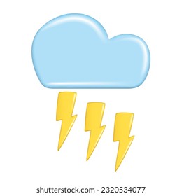 Realistic 3d design of weather forecast elements, icon symbol, meteorology. Decorative 3d golden lightning and blue cloud. Cartoon vector illustration isolated on a white background