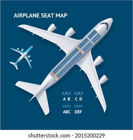 Realistic 3d Detailed Airplane and Seat Map Top View Concept Card for Passenger Business and Economy Classes. Vector illustration