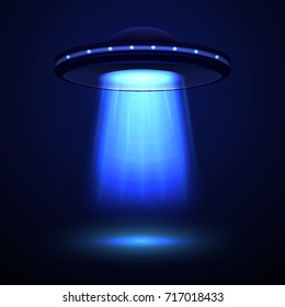 Realistic 3D Detailed Aliens Spaceship or UFO with a Beam of Light on a Blue Concept of Invasion. Vector illustration of Cosmic Ship Flying Saucer