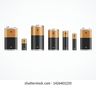 Realistic 3d Detailed Alkaline Battery Set Gold and Black Color Different Size Closeup View on a White. Vector illustration