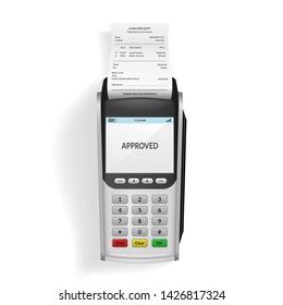 Realistic 3d Detailed Bank POS Terminal with Paper Check Receipt. Vector illustration of Device for Processing Payment