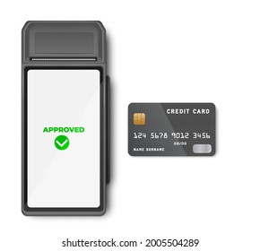 Realistic 3d Detailed Bank POS Terminal with tick marks on screens, credit cards, smartphone and transaction receipt. Mockup template, Top View.